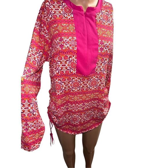 Lands End 1/4 Zip Activewear Shirt Sz LP Pink Orange Boho Print Long Sleeve grea - Picture 1 of 4